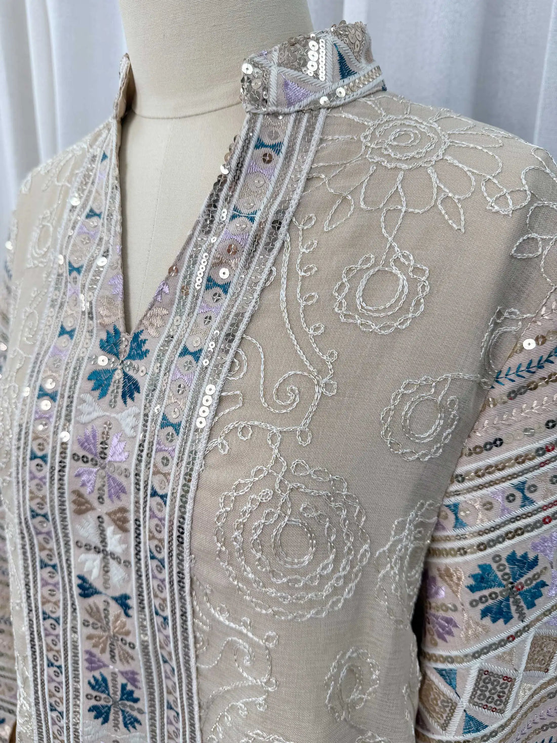Multicolor Embroidered Sequin Abaya – Beige Eid Dress