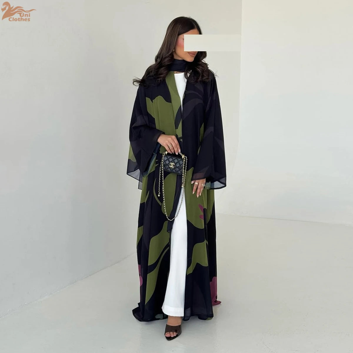 Dubai Floral Print Open Abaya – Long Sleeve Kaftan with Hijab
