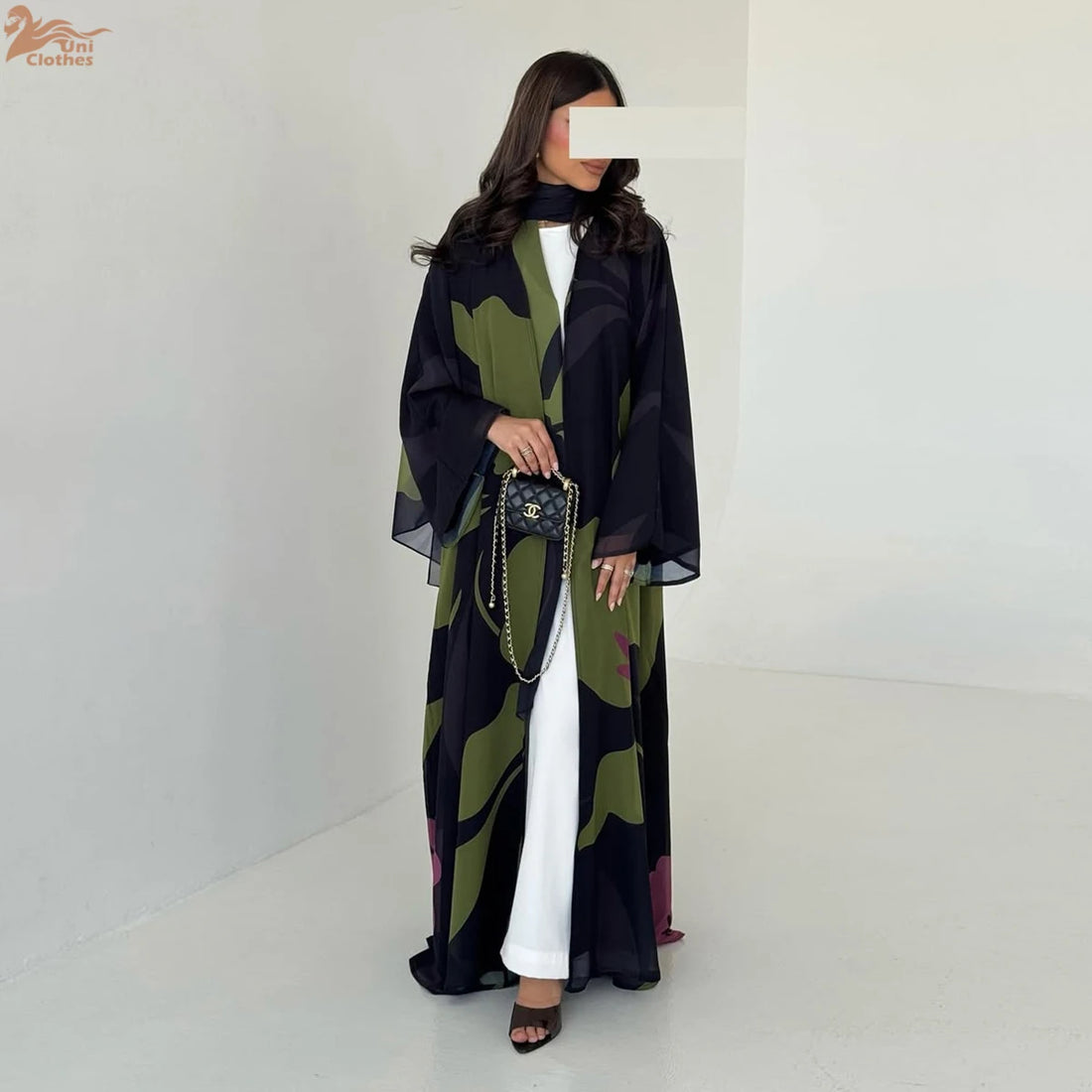 Dubai Floral Print Open Abaya – Long Sleeve Kaftan with Hijab