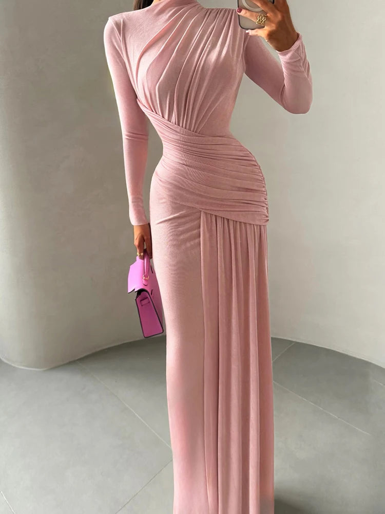 Maxi Dress Women O-Neck Full Sleeve Solid Banquet Elegant Vacation Fashion