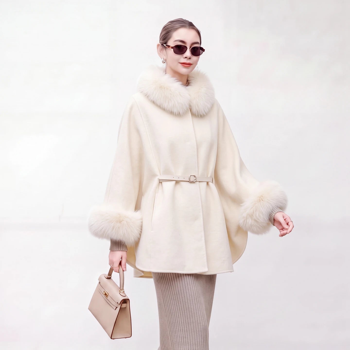 New detachable fox fur collar cape 100 wool double-sided woolen coat