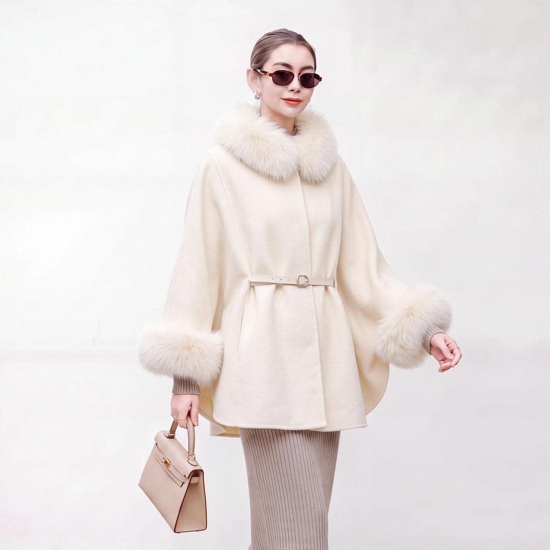 New detachable fox fur collar cape 100 wool double-sided woolen coat