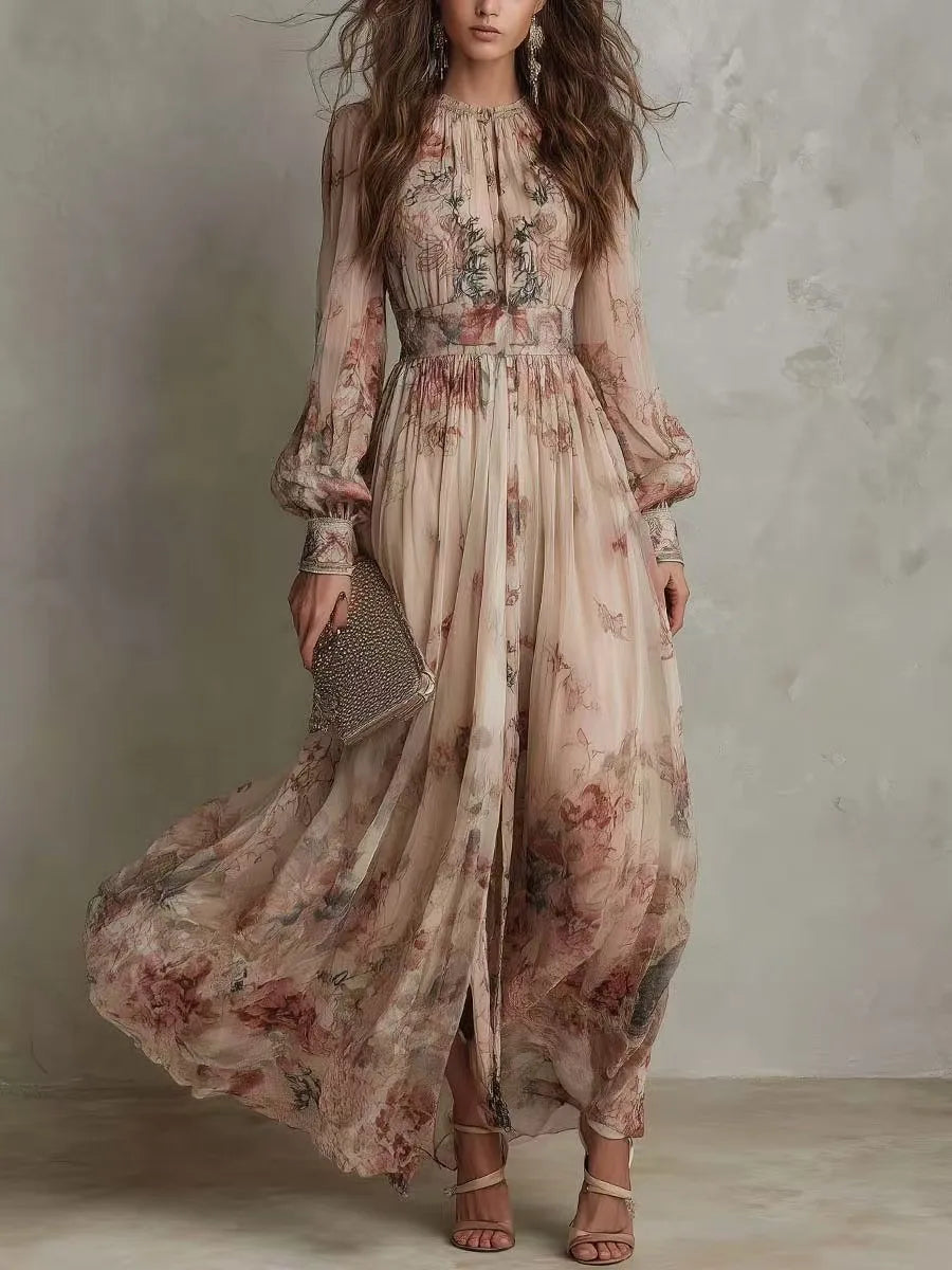Vintage Floral Print High Waist Pleated Long Dress