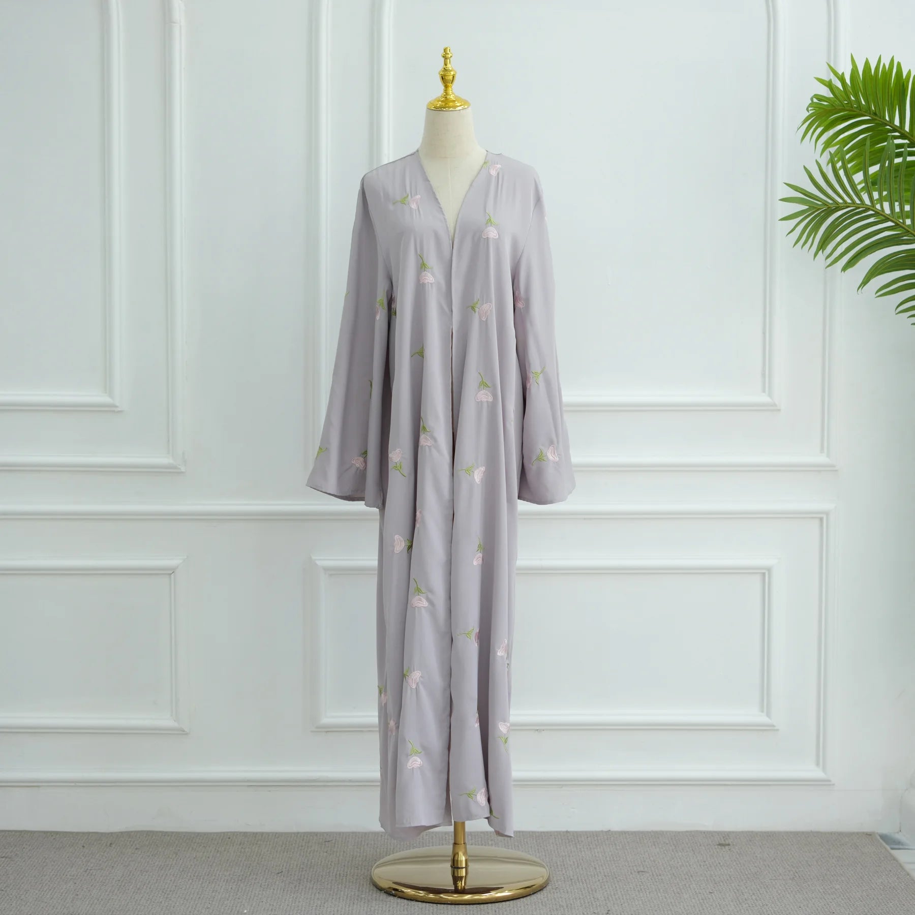 Turkish Beading Floral Open Abaya – Lace-Up Maxi Kaftan Robe