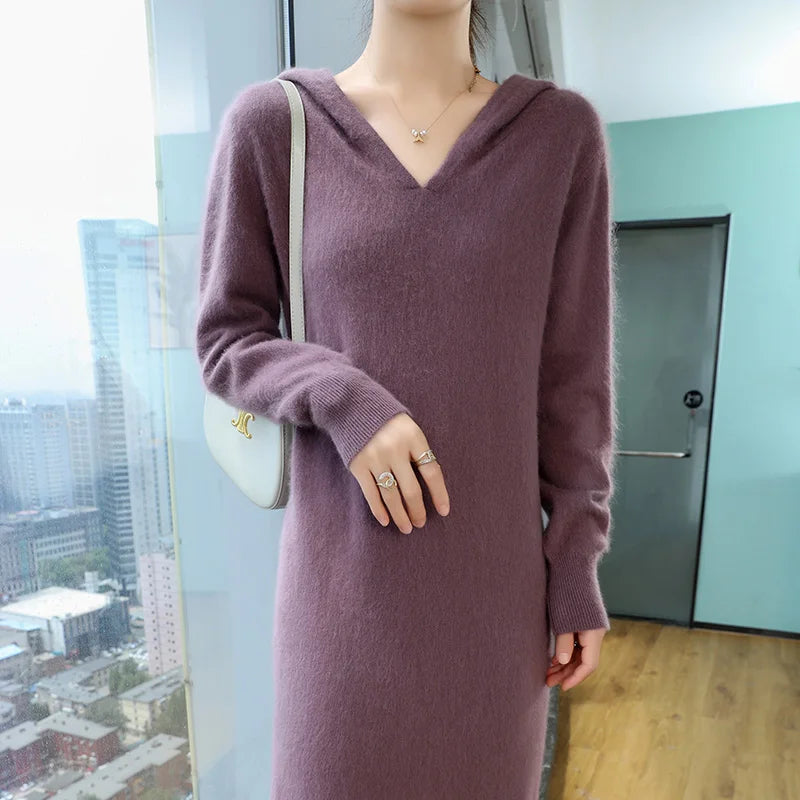 100% Pure Mink Cashmere Knitted Hooded Collar Dress
