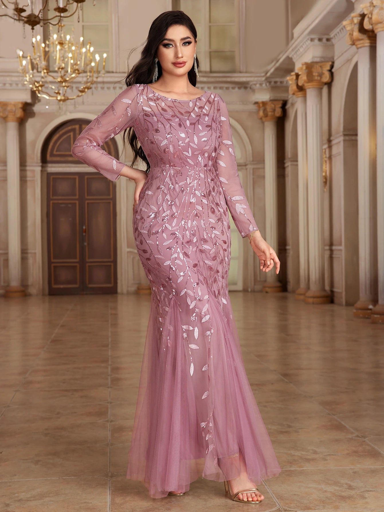 Elegant Mermaid Tulle Evening Gown – Long Sleeve Floral Embroidered Dress