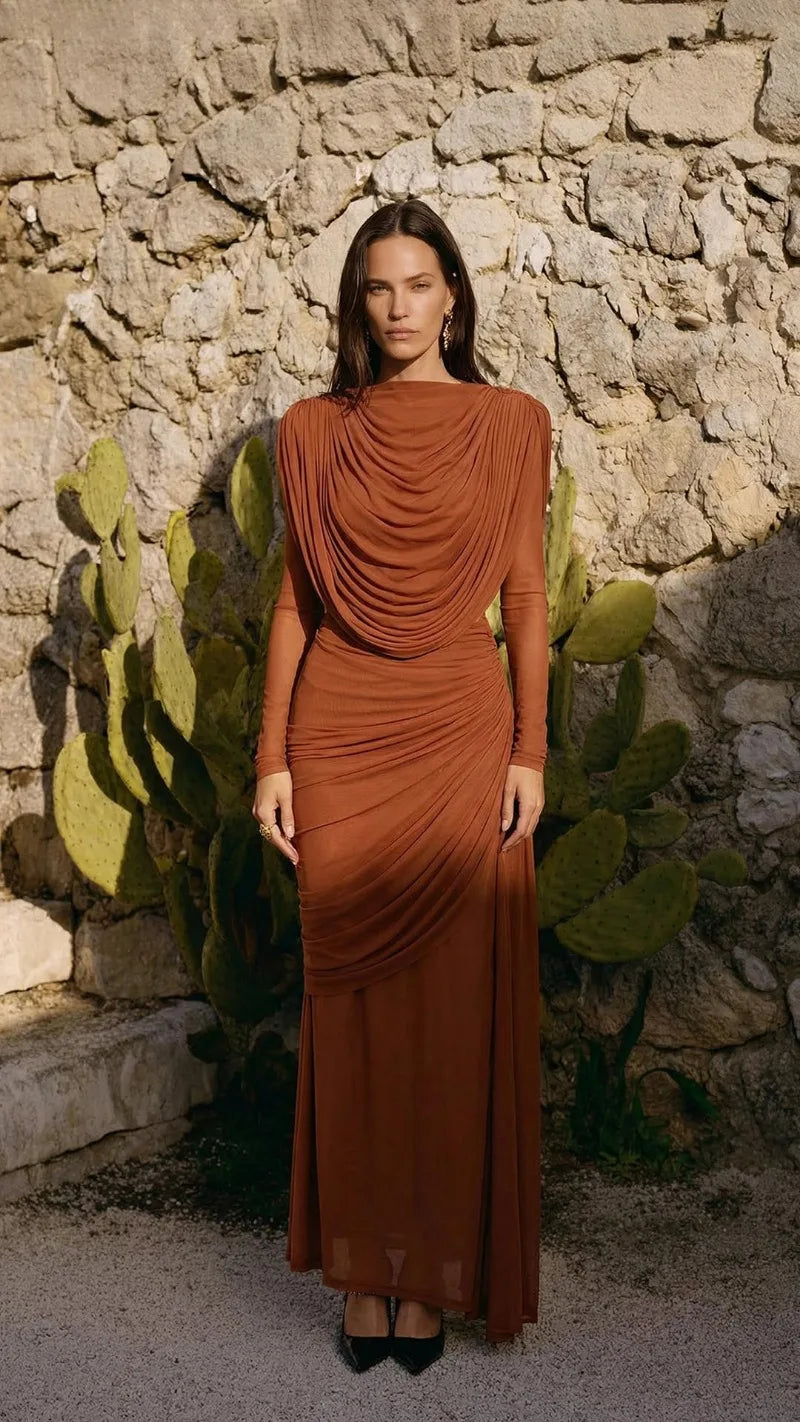 Solid Draped Neckline Long Dress