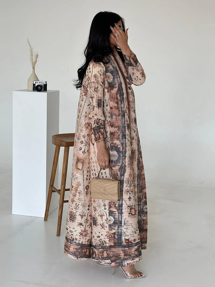 Miyake Pleated Abaya Coat – Vintage Print Designer Jacket