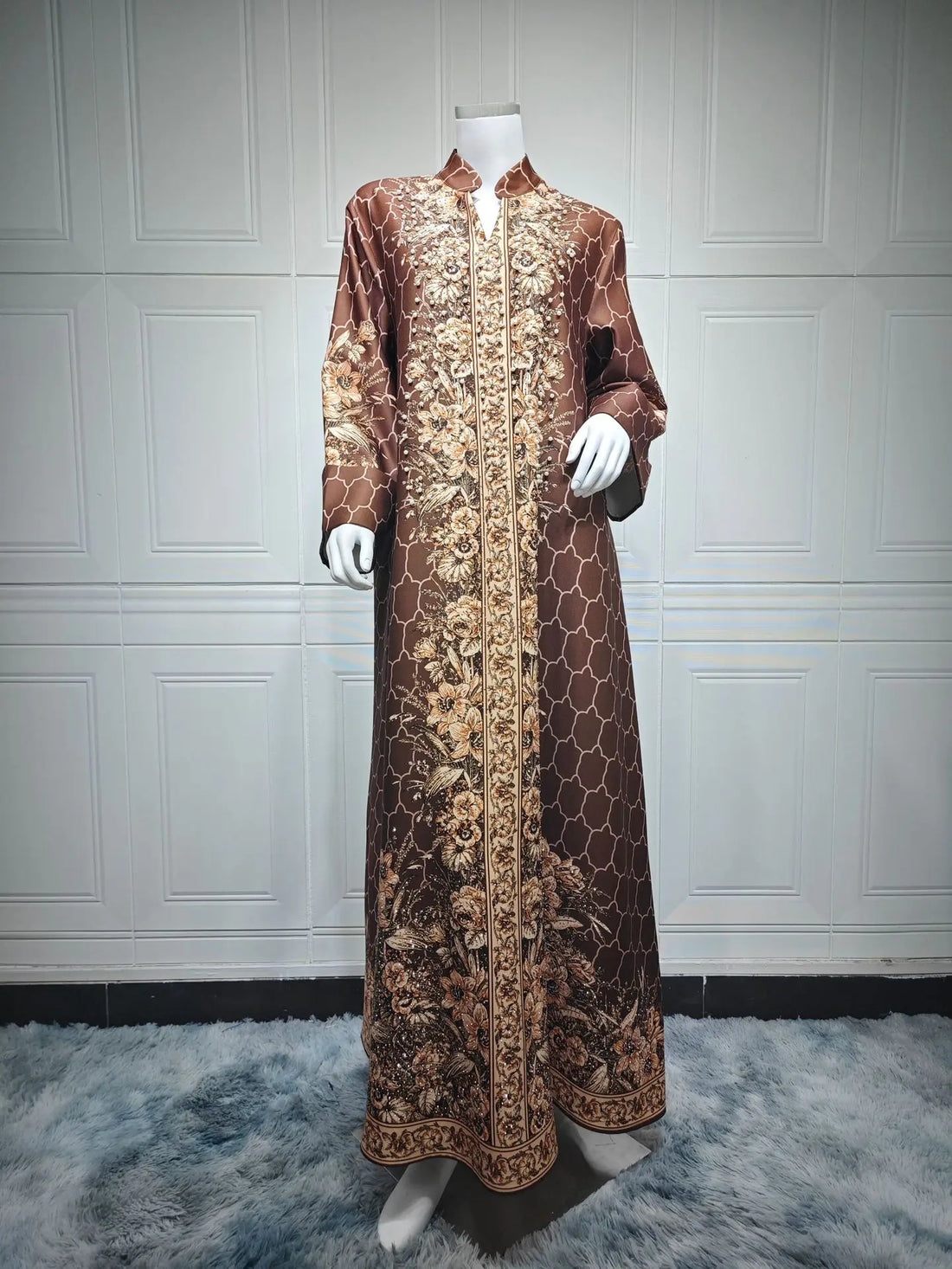 Pearl & Diamond Embellished Abaya – Elegant Long Modest Dress