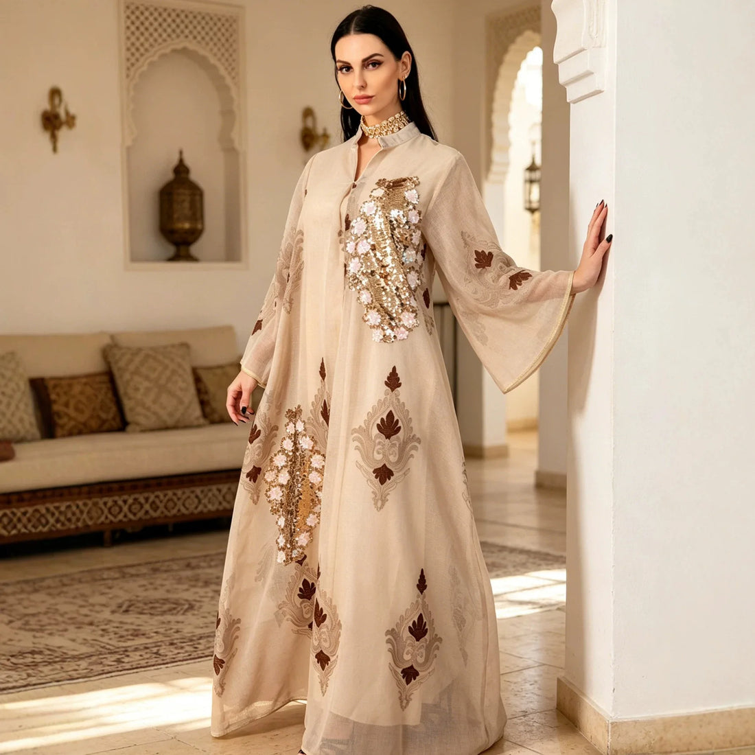 Sequin Leaf Embroidery Long Robe – Elegant Islamic Dress
