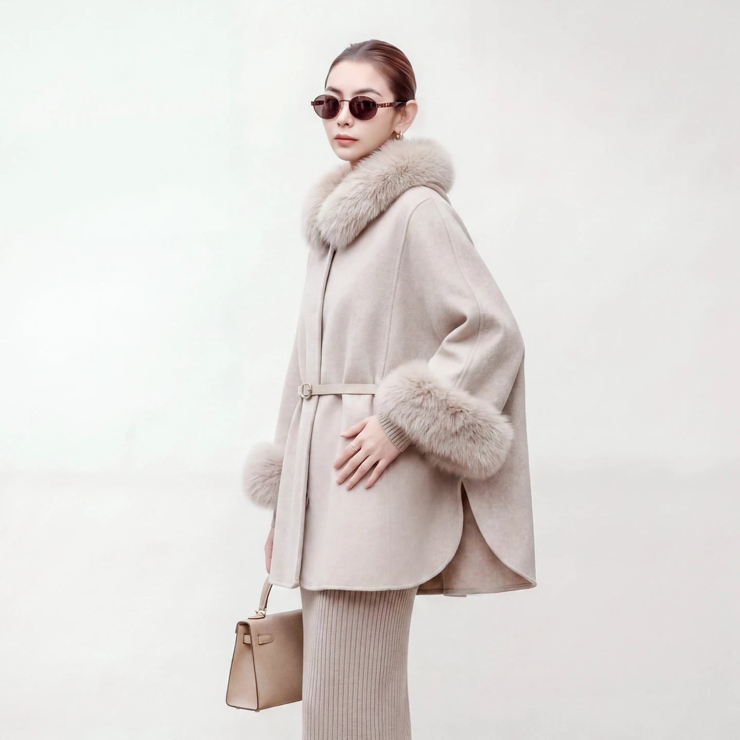 New detachable fox fur collar cape 100 wool double-sided woolen coat