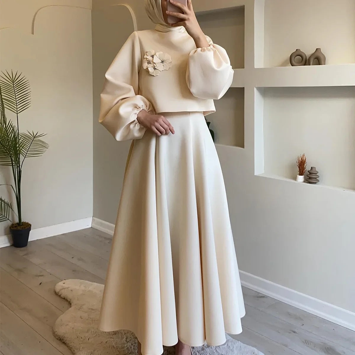 Lantern Sleeve Loose Two-piece Dress Femme Muslim Dress Abaya