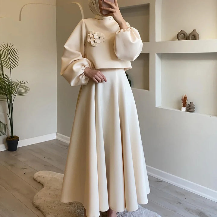 Lantern Sleeve Loose Two-piece Dress Femme Muslim Dress Abaya