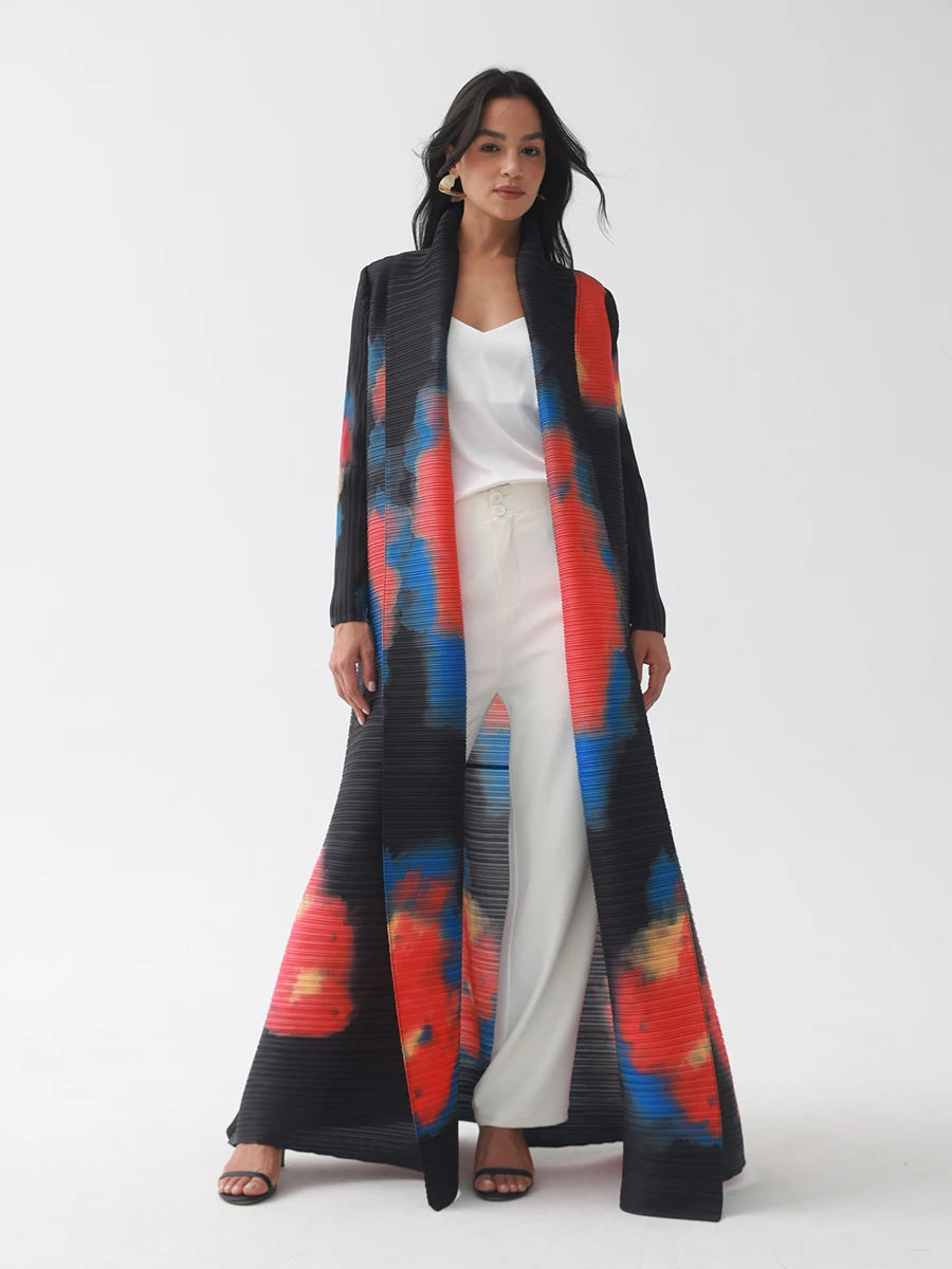 Miyake Pleated Abaya Coat – Vintage Print Designer Jacket