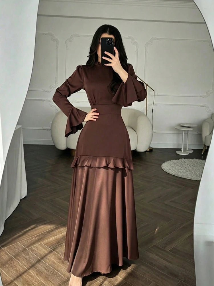 Fall 2026 New Arrivals: Women's Satin Fitted-Waist Bell-Sleeve Maxi Dress—
