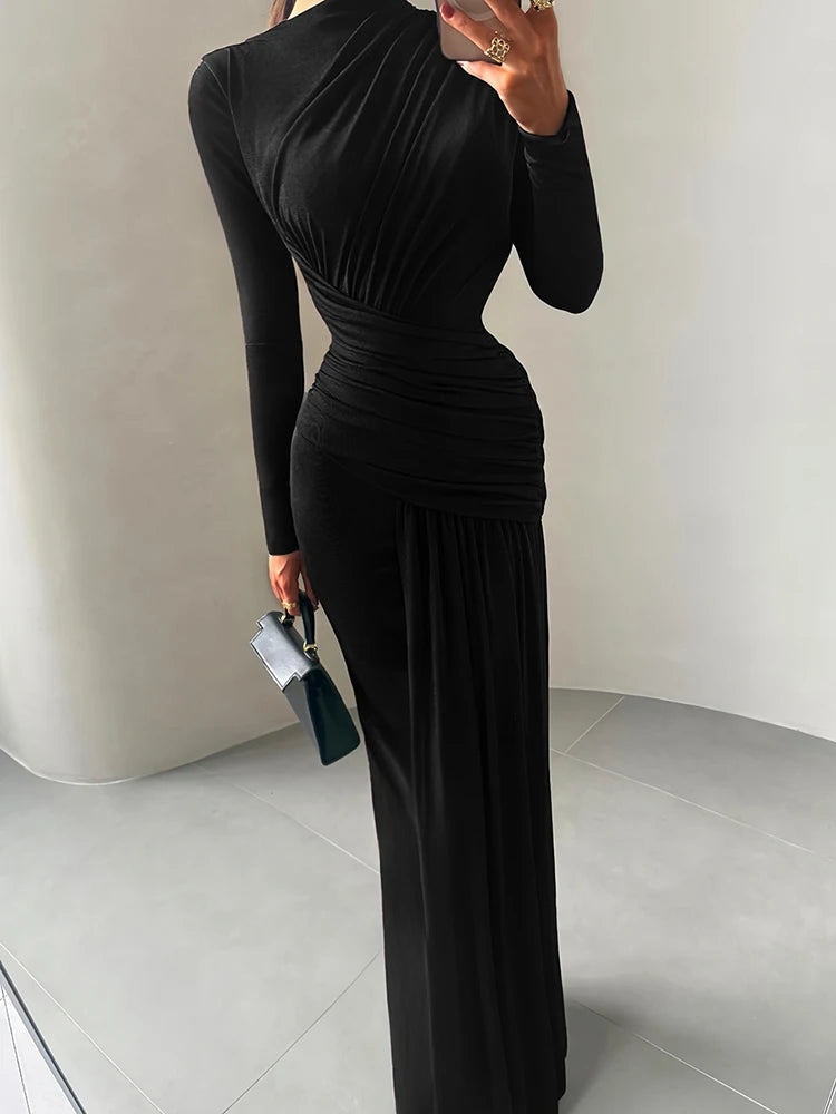 Maxi Dress Women O-Neck Full Sleeve Solid Banquet Elegant Vacation Fashion