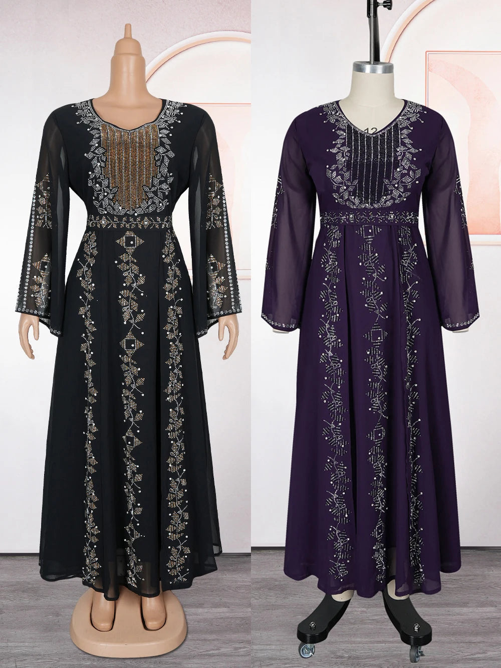 Elegant Chiffon Ruffle Sleeve Maxi Dress – Diamond-Detail Evening Gown