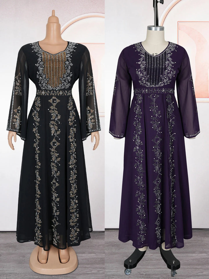 Elegant Chiffon Ruffle Sleeve Maxi Dress – Diamond-Detail Evening Gown