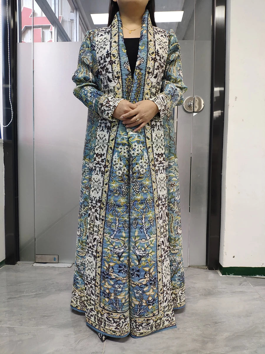 Miyake Pleated Abaya Coat – Vintage Print Designer Jacket