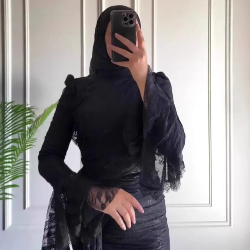 Eid Dress Muslim Women Abaya Kaftan Vestidos Flare Sleeve Lace Party Dresses