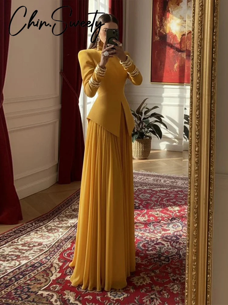 Elegant Solid Women's Blazer Skirts Suit Split Coats Chiffon Skirt Lady  2 Pieces Set