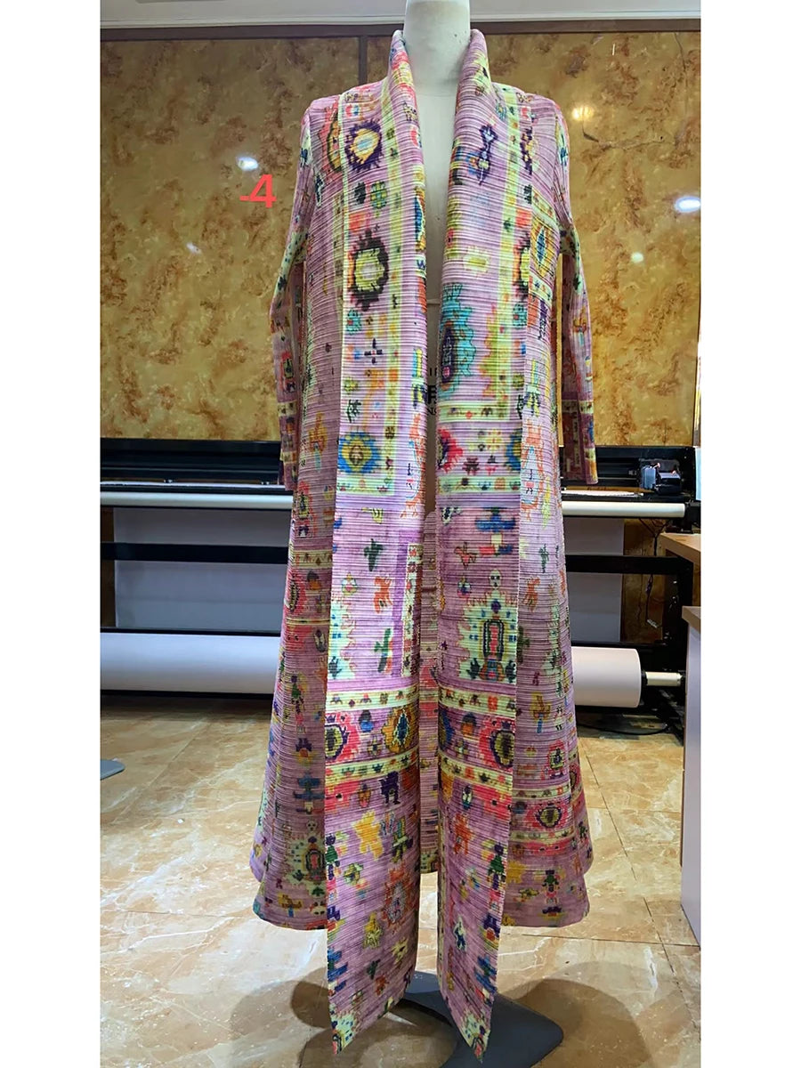 Miyake Pleated Abaya Coat – Vintage Print Designer Jacket