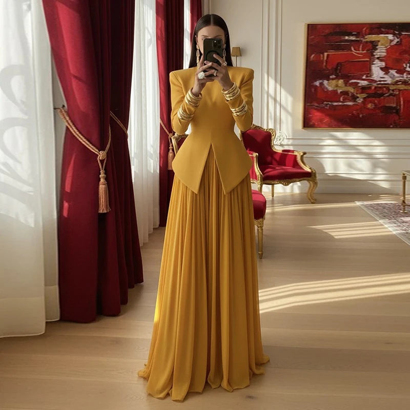 Elegant Solid Women's Blazer Skirts Suit Split Coats Chiffon Skirt Lady  2 Pieces Set