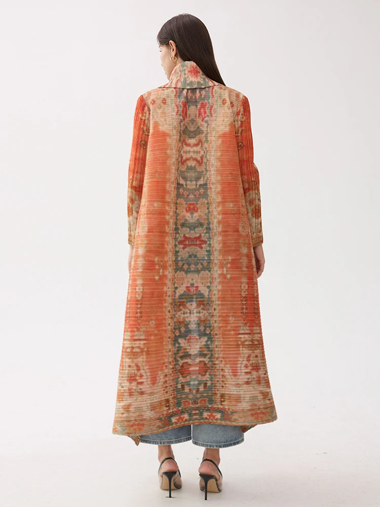 Miyake Pleated Abaya Coat – Vintage Print Designer Jacket