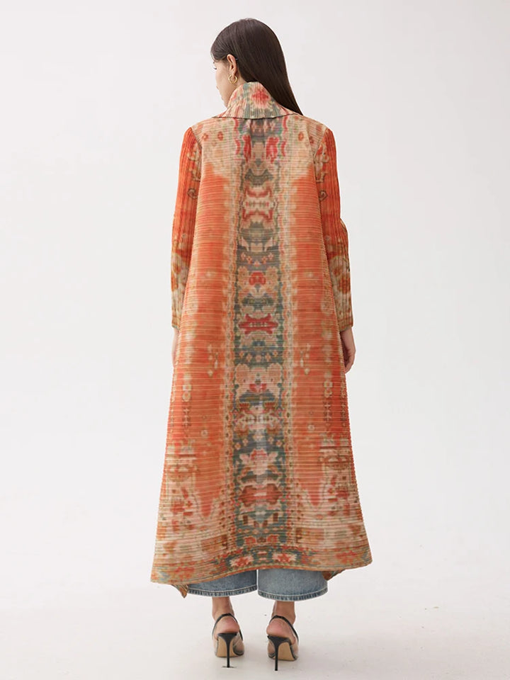 Miyake Pleated Abaya Coat – Vintage Print Designer Jacket