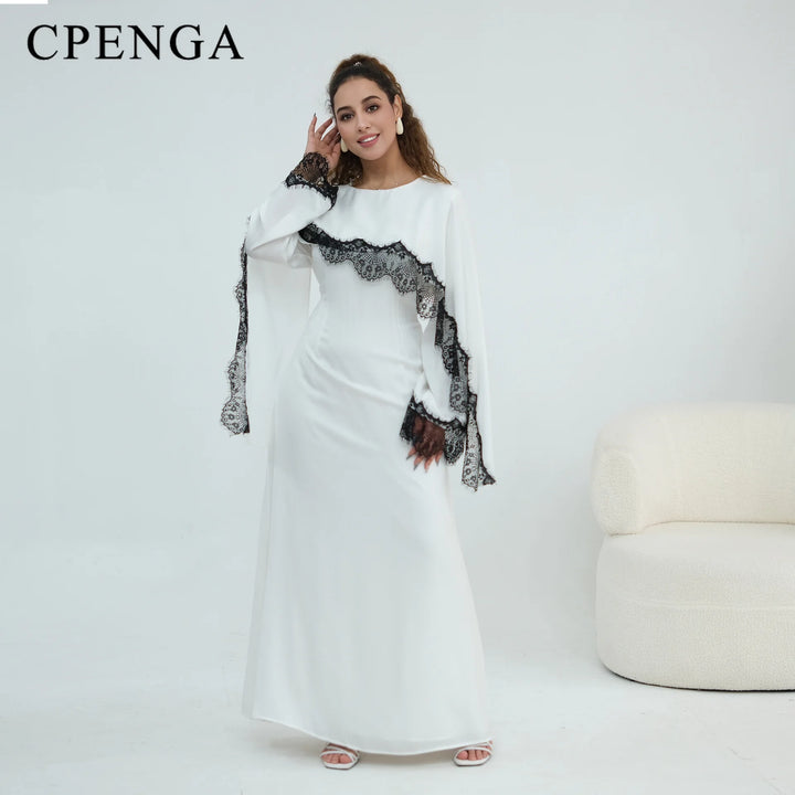 Luxury Lace Edge Abaya with Shoulder Patchwork & Waist-Cinching Design