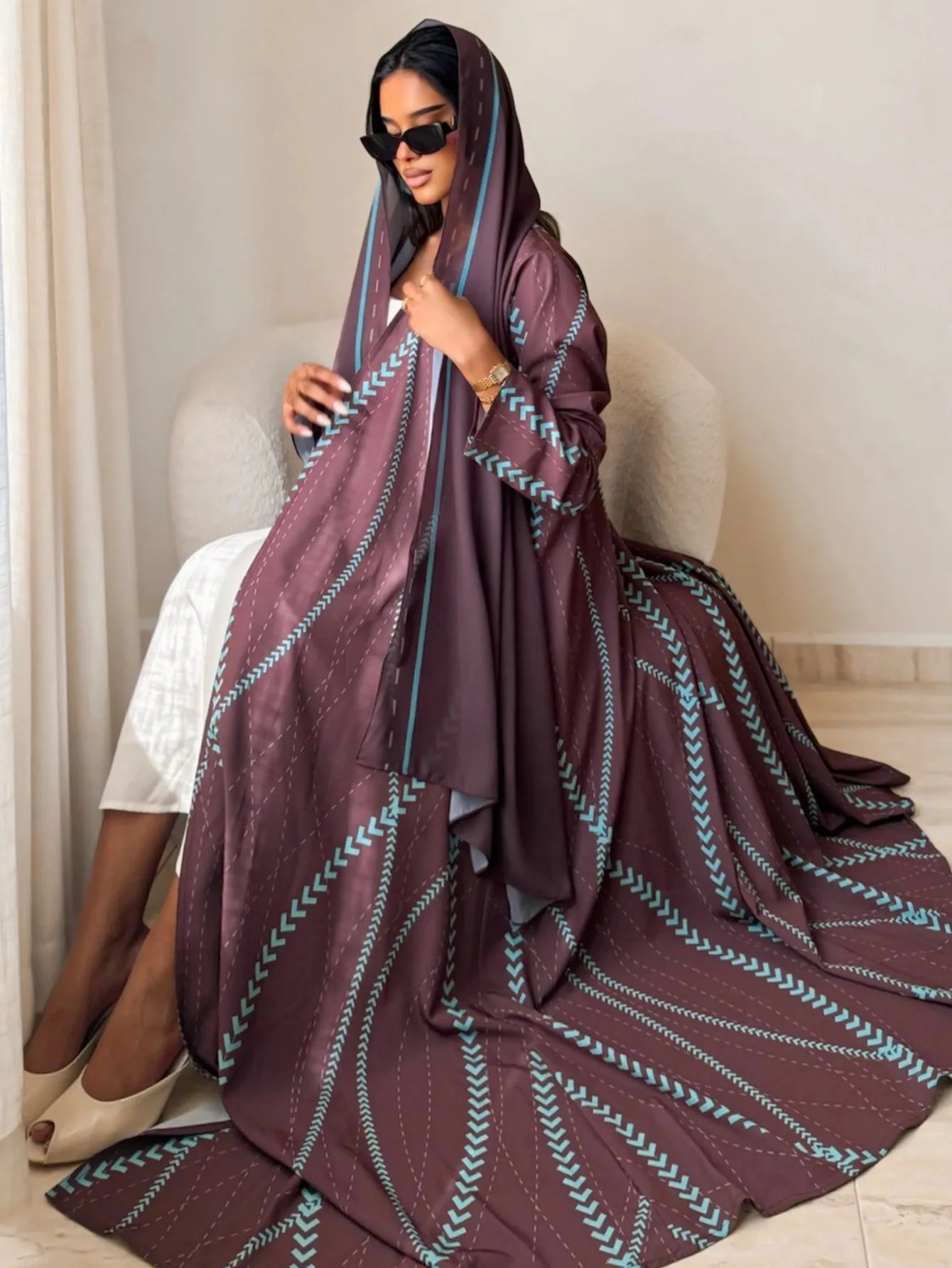 Eid Prin 2 Piece Kaftan Cardigan Abaya Hijab Set