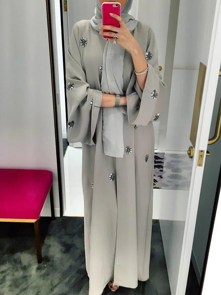 Turkish Beading Floral Open Abaya – Lace-Up Maxi Kaftan Robe