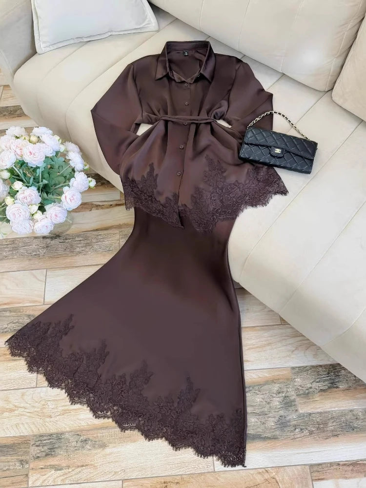 Women Two Piece Sets Skirt Set Turn Down Collar Lace Streetwear