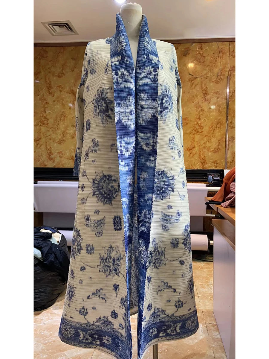 Miyake Pleated Abaya Coat – Vintage Print Designer Jacket