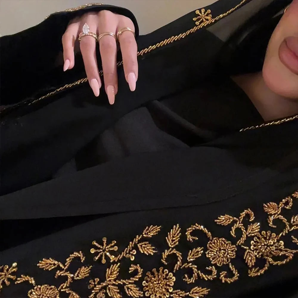 Luxury Beaded Embroidery Abaya – Dubai Gold Hijab Kaftan