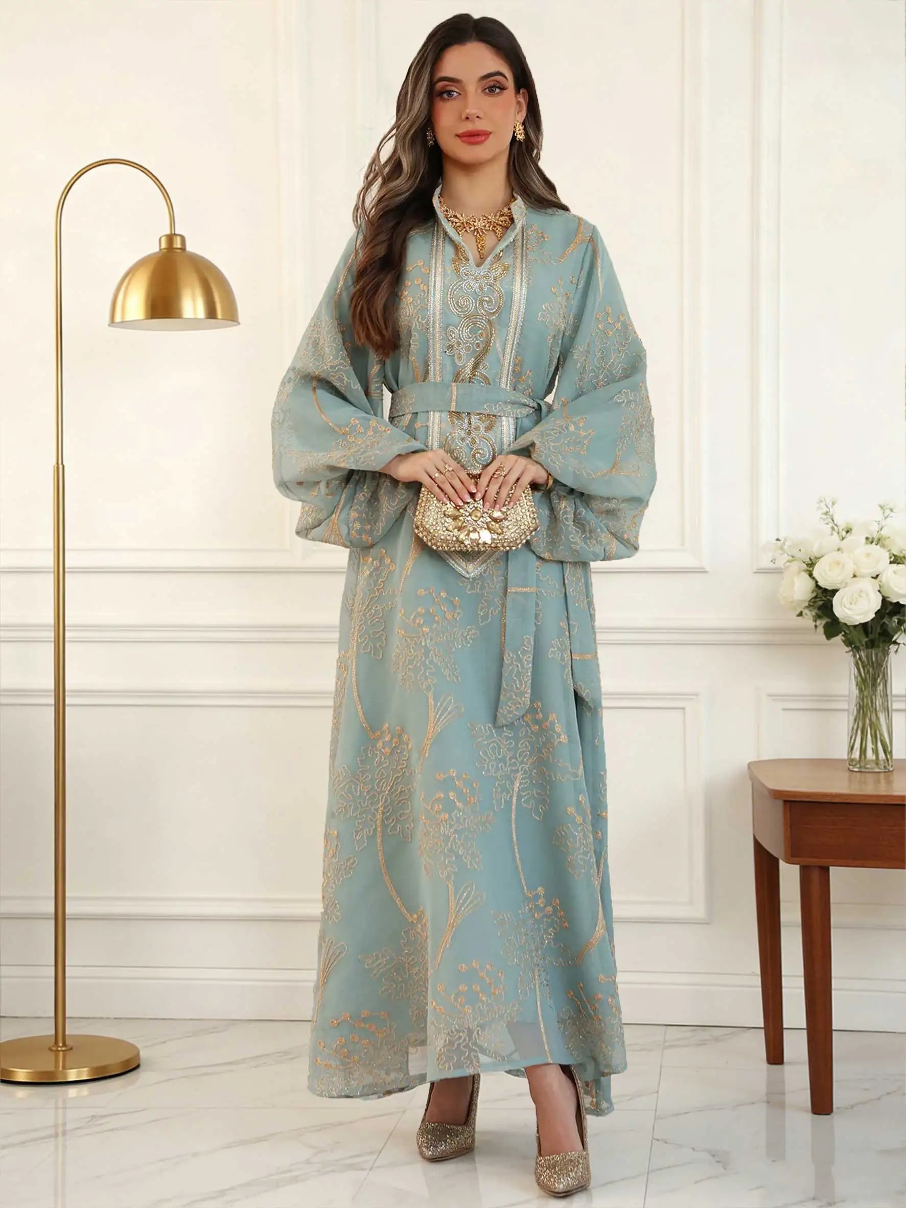 Floral Gold Embroidery Abaya – Casual Ramadan Dress