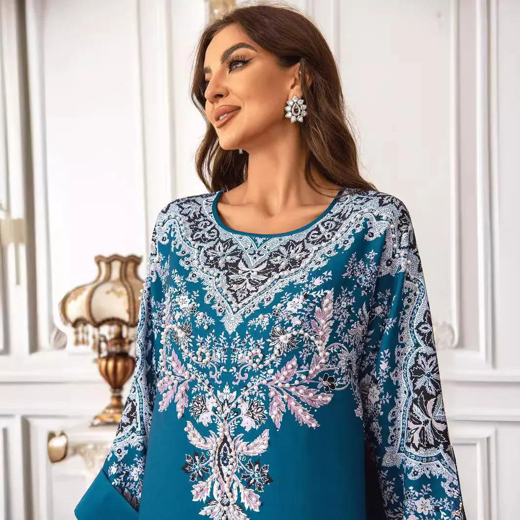 Elegant Traditional Print Abaya – Embroidered Loose-Fit Maxi Dress
