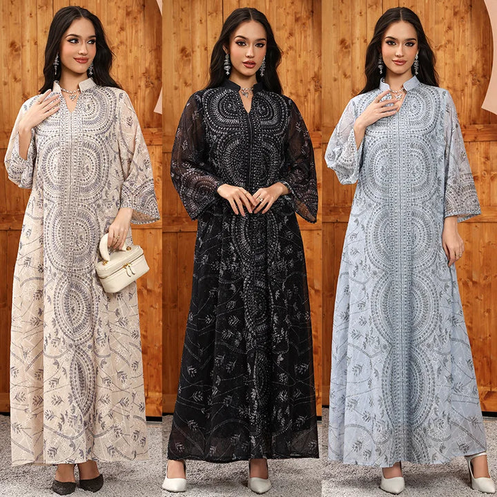 Eid Ramadan Women Dress Abaya Stand Collar Diamond Caftan Muslim Robe Jalabiya Ramadan Morocco Dubai Kaftan Vestidos Largos