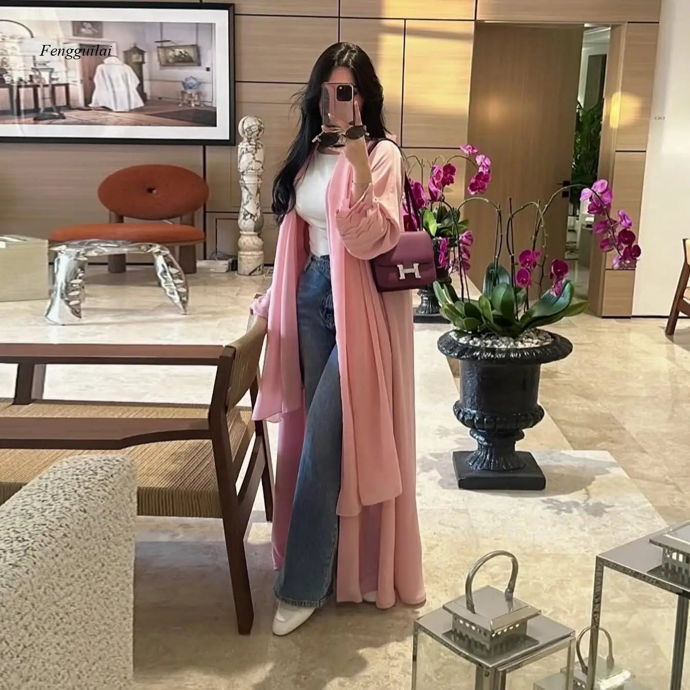 Pink Chiffon Kimono Cardigan – Flowy Maxi Duster Coat