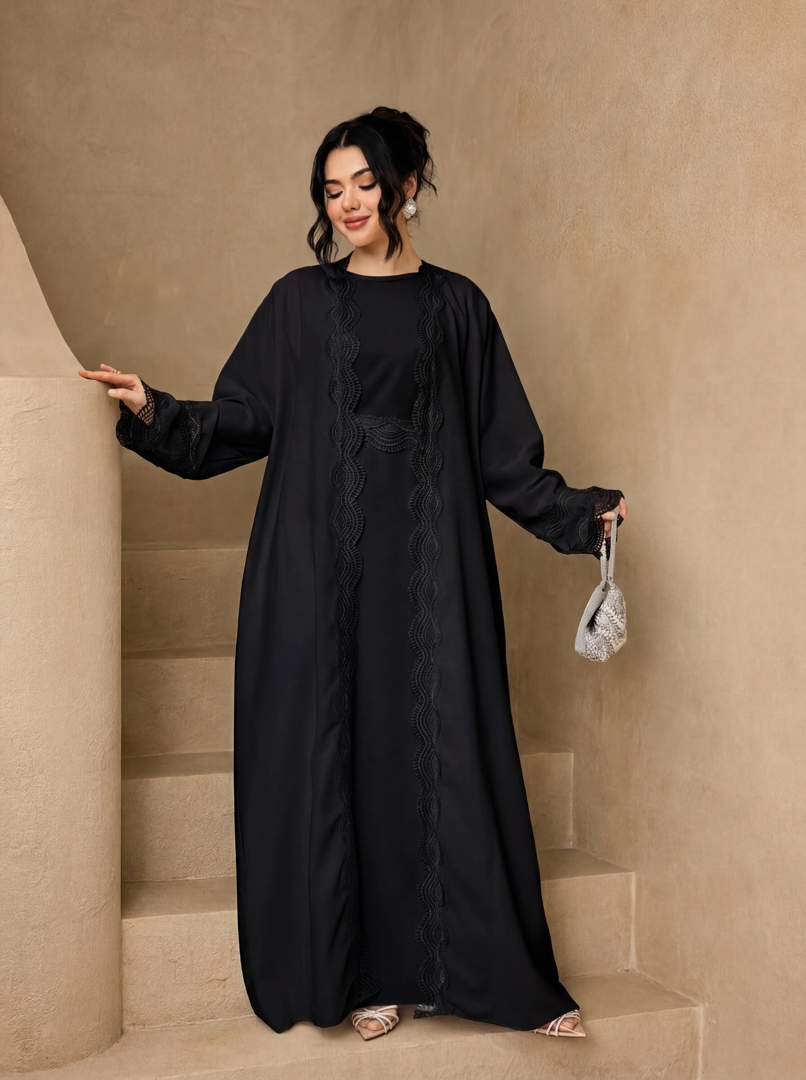 3-Piece Lace Trim Open Abaya Set – Modest Dress with Hijab & Belt