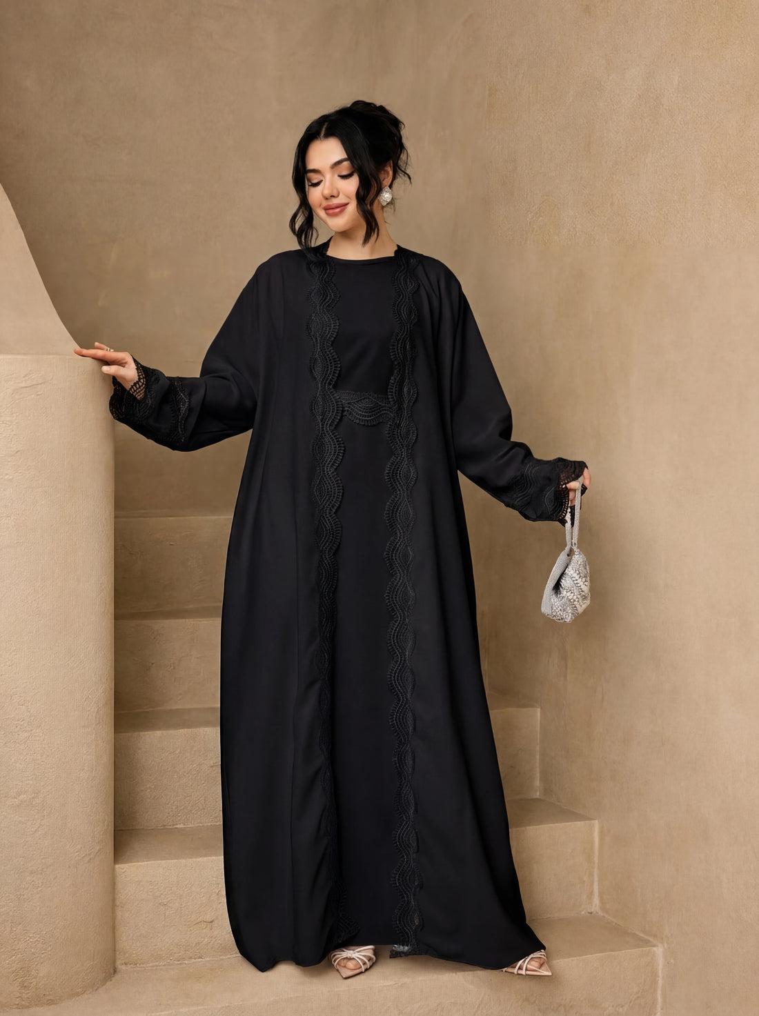 3-Piece Lace Trim Open Abaya Set – Modest Dress with Hijab & Belt