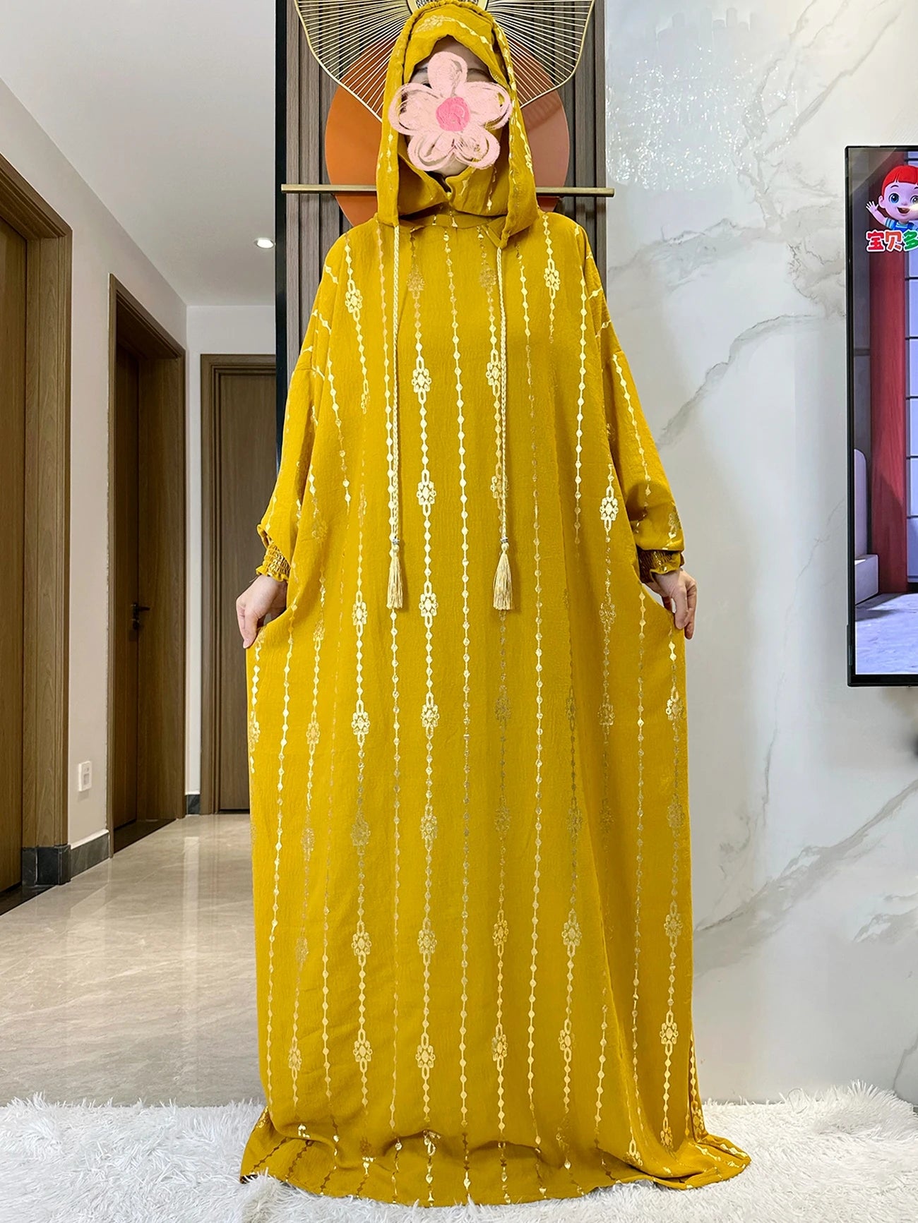Gold Stamp Pure Cotton Ramadan Muslim Two-Hat Abaya
