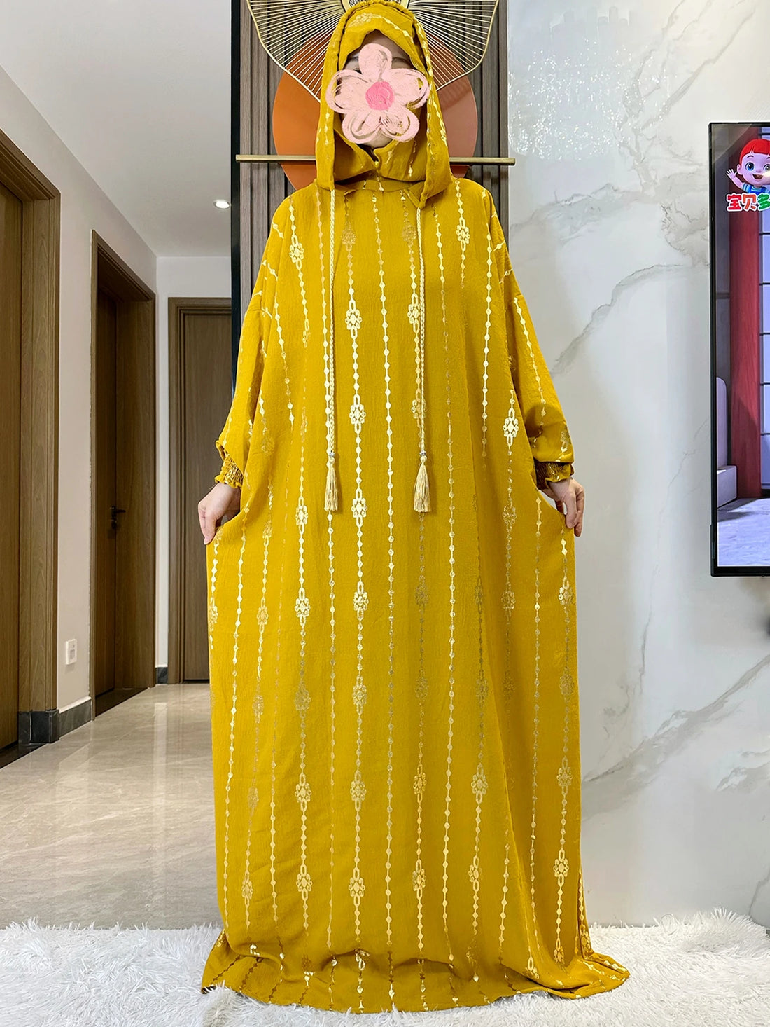 Gold Stamp Pure Cotton Ramadan Muslim Two-Hat Abaya