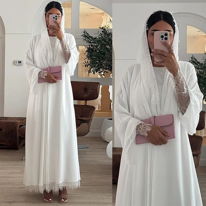 White Chiffon Abaya Set – Lace Sleeve & Hijab Included