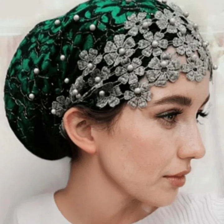 Elegant Floral Beaded Turban Hijab – Soft Stretch Head Wrap