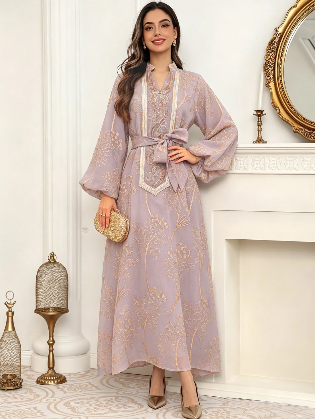 Floral Gold Embroidery Abaya – Casual Ramadan Dress