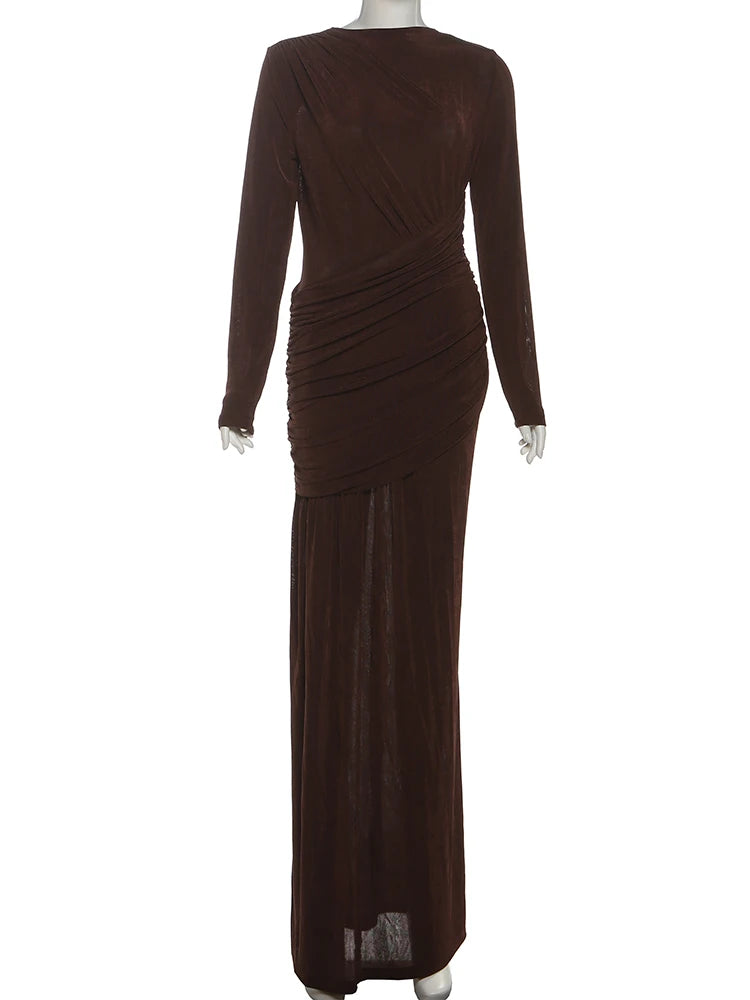 Maxi Dress Women O-Neck Full Sleeve Solid Banquet Elegant Vacation Fashion