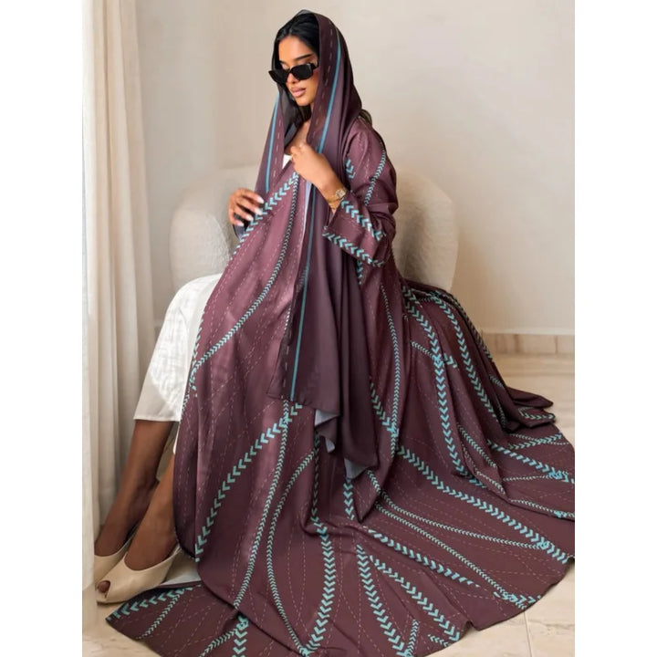Eid Prin 2 Piece Kaftan Cardigan Abaya Hijab Set