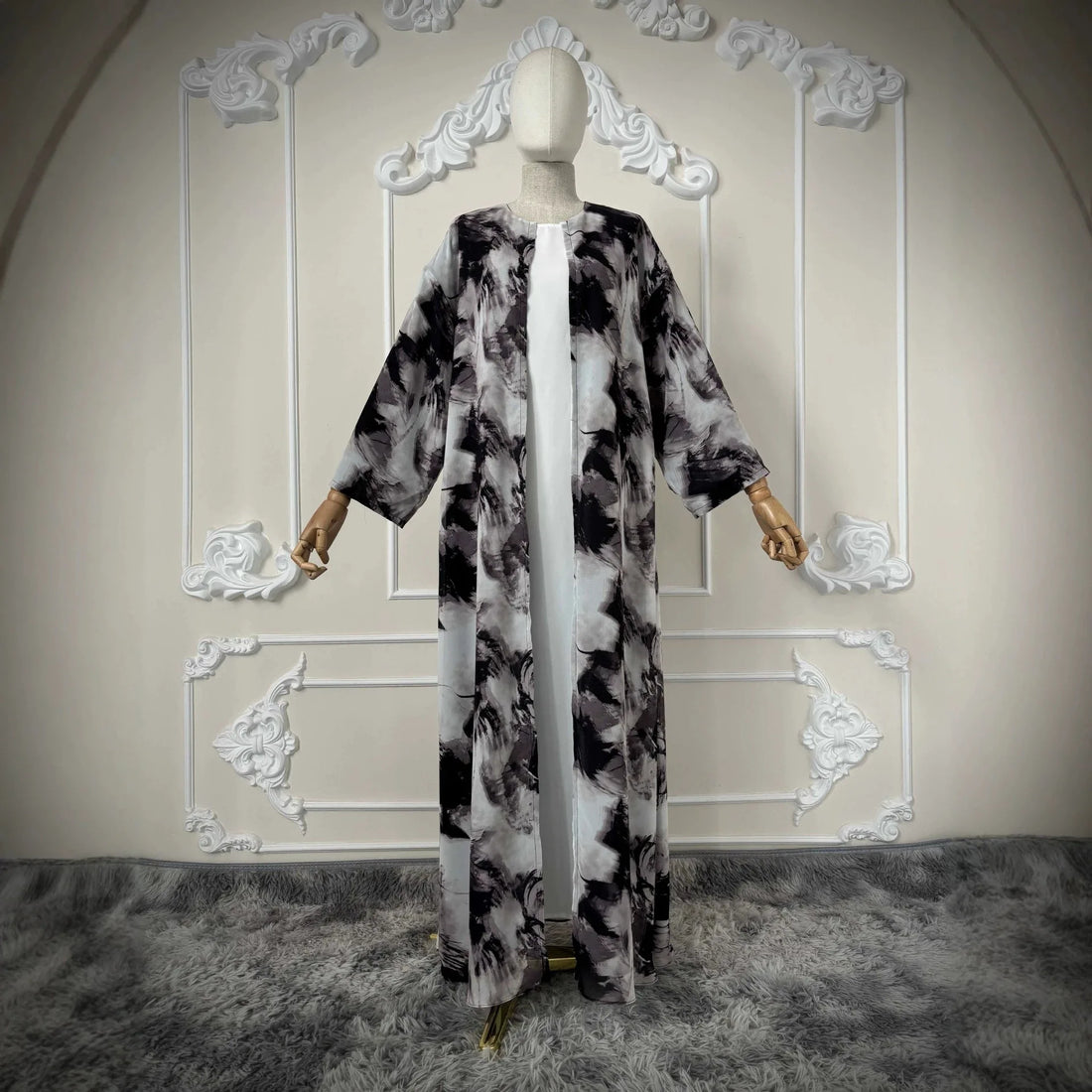 Ink Wash Print Open Abaya – Hijab Cardigan Robe