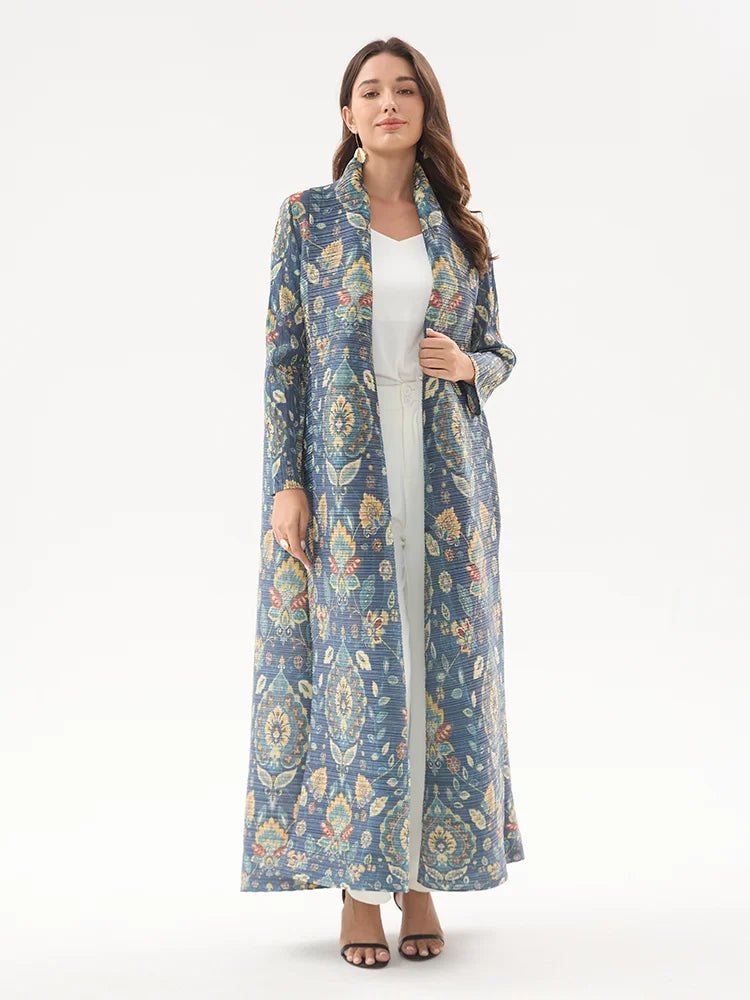Miyake Pleated Abaya Coat – Vintage Print Designer Jacket